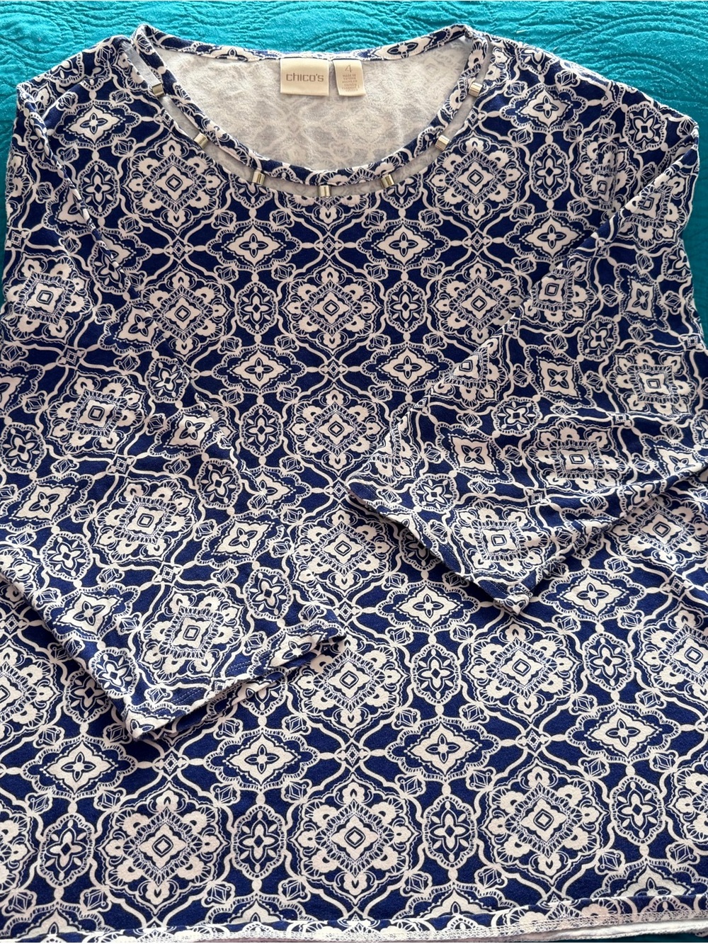 Chico's Navy and White Geometric Long Sleeve Top